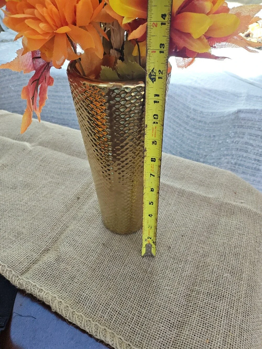 Fall Floral Centerpiece Orange Flowers Textured Gold Vase